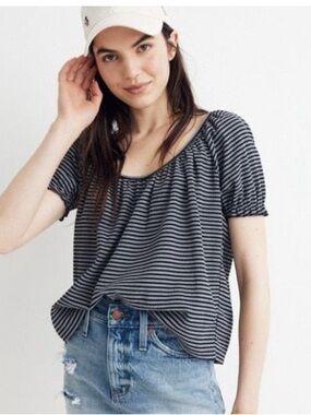Women's Black and White Striped Short-Sleeve Scoop Neck Top
